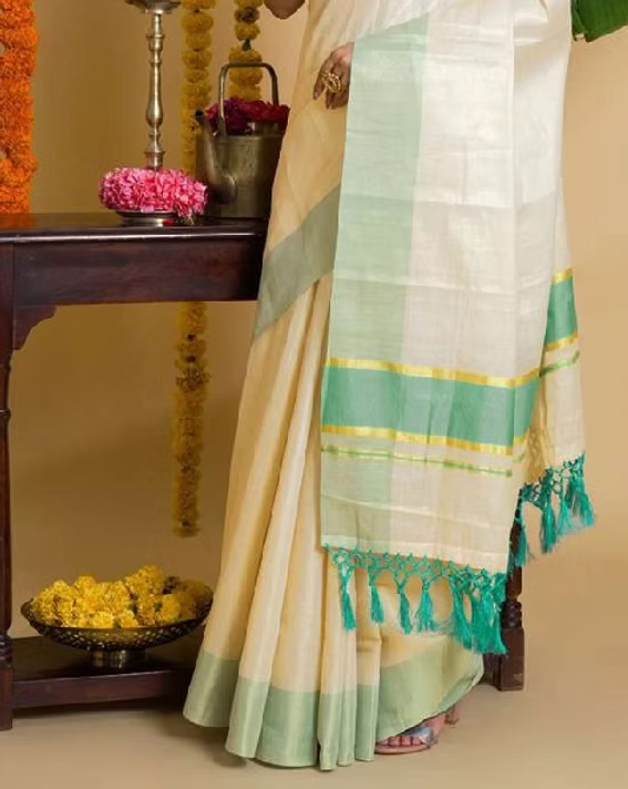 Turquoise Tassel Tissue Kerala Kasavu Saree