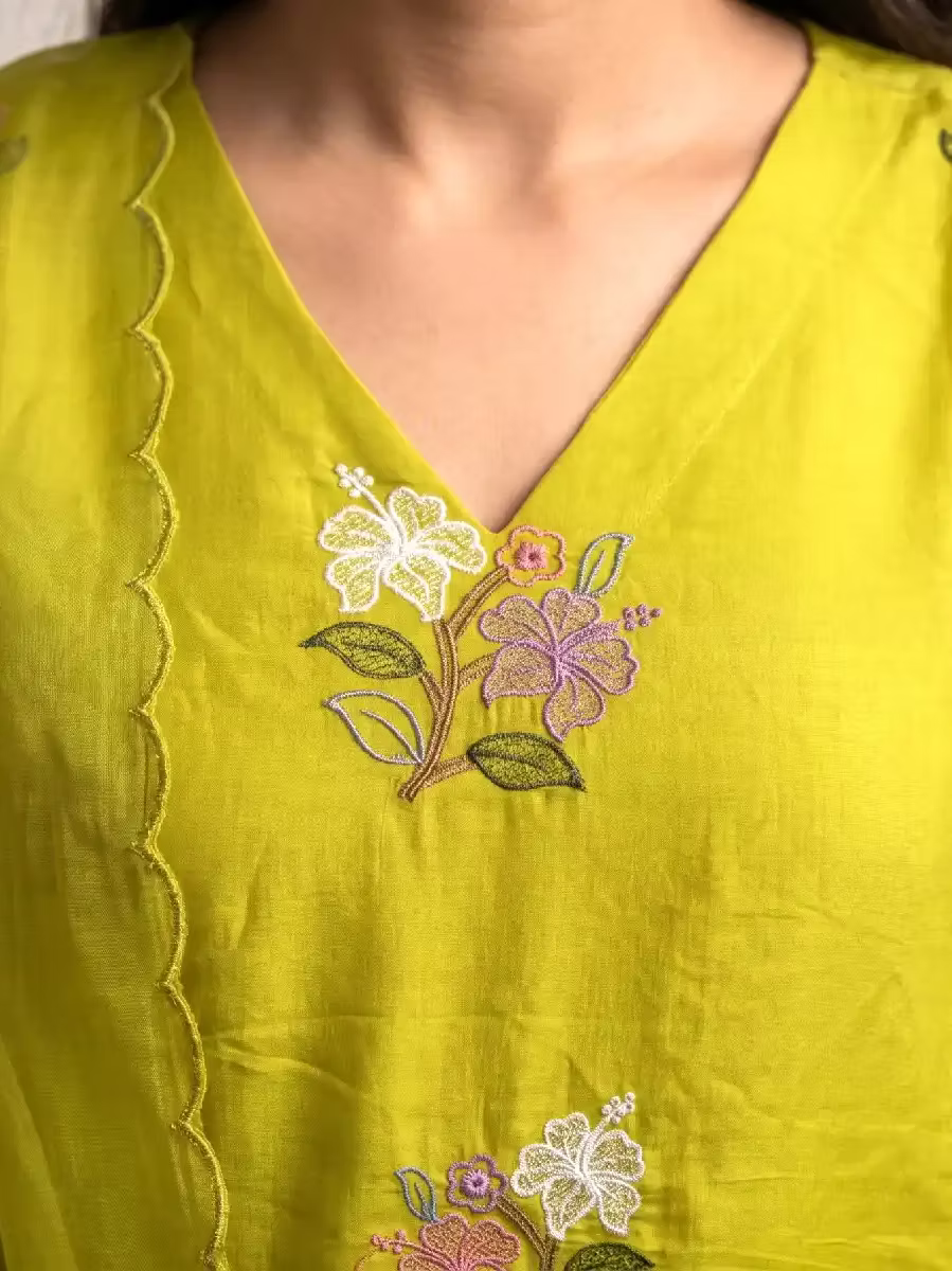 Lime Green Chandheri Silk Kurta Set with Floral Embroidery & Scalloped Dupatta