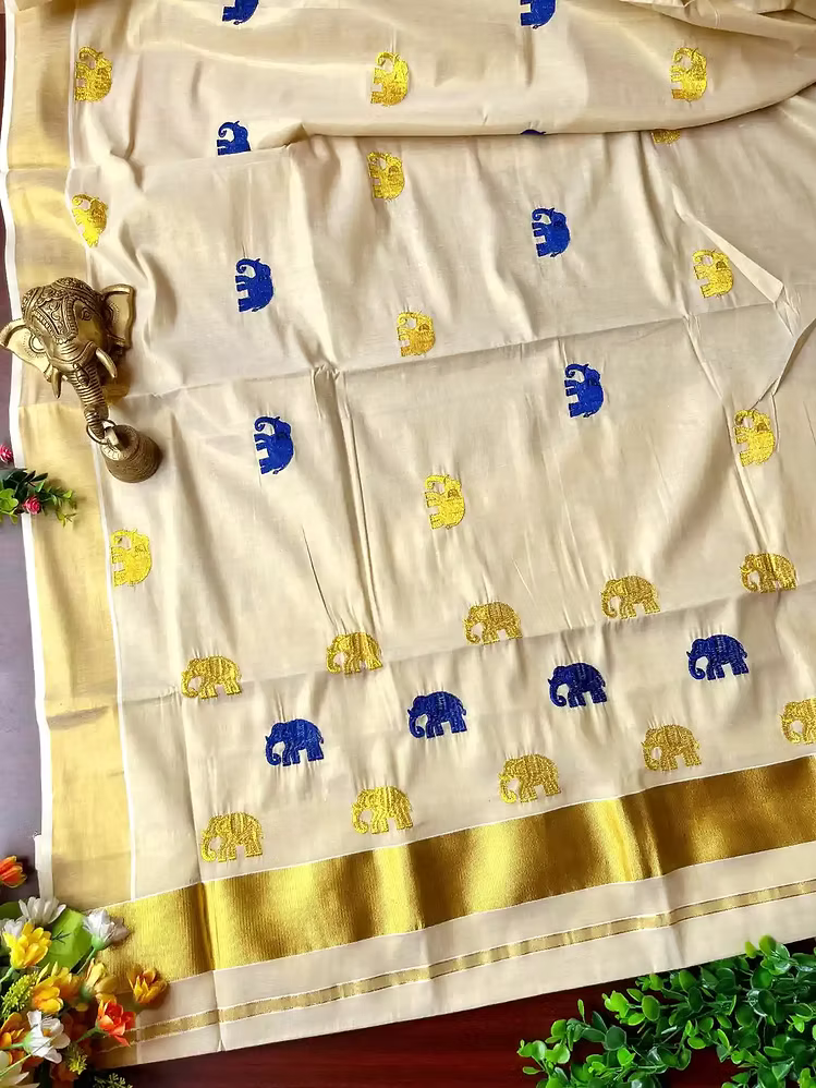 Berry Blue & Golden Gajah Embroidery Kasavu Tissue Saree