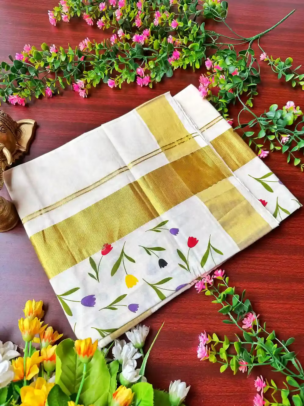 Tulip Tri-Color Kasavu Cotton Saree with Blouse | Kuthampully