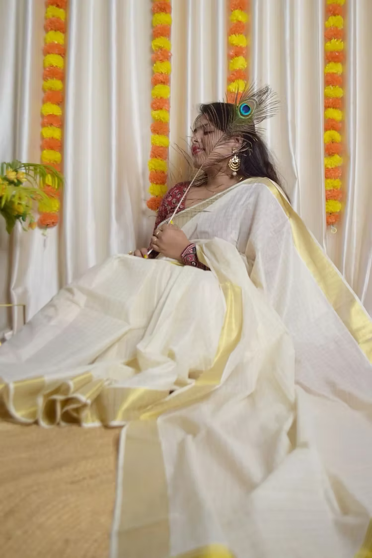 Tiny Golden Block Kasavu Cotton Saree with Running Blouse