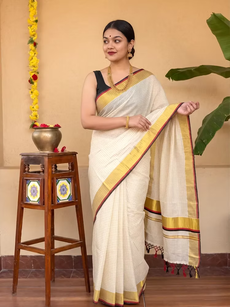 Micro Checks Cotton Kasavu Saree with Maroon & Black Border