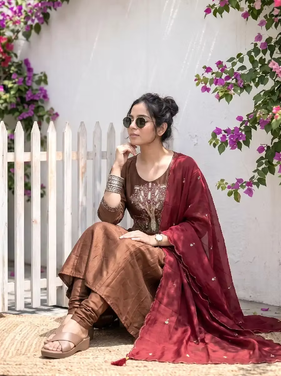 Chocolate Brown Silk Anarkali Kurta Set with Pichwai Embroidery & Duppatta