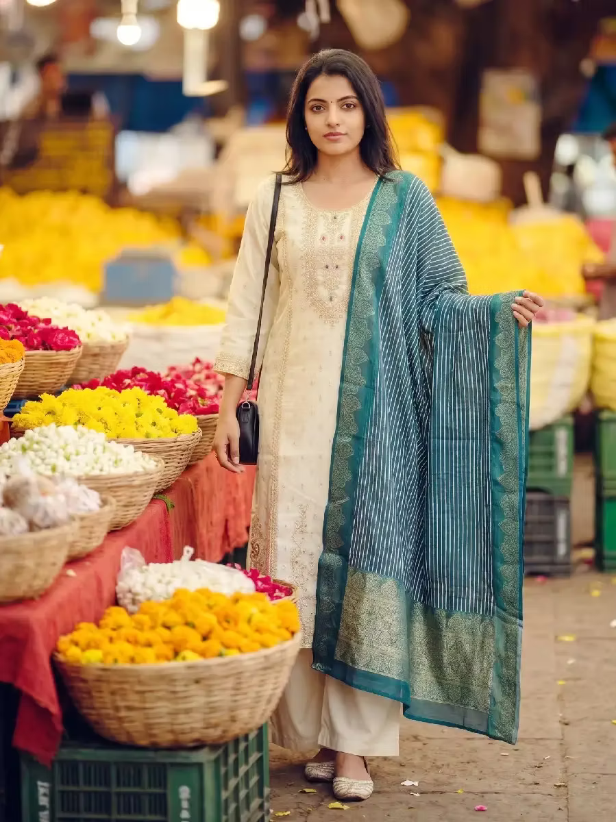 Premium Bridal Embroidery Kasavu 3 Piece Kurta Set
