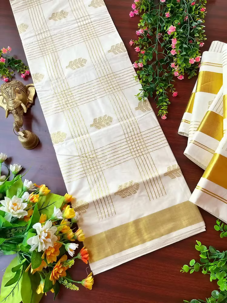 Golden Embroidery Kasavu Cotton Saree with Running Blouse