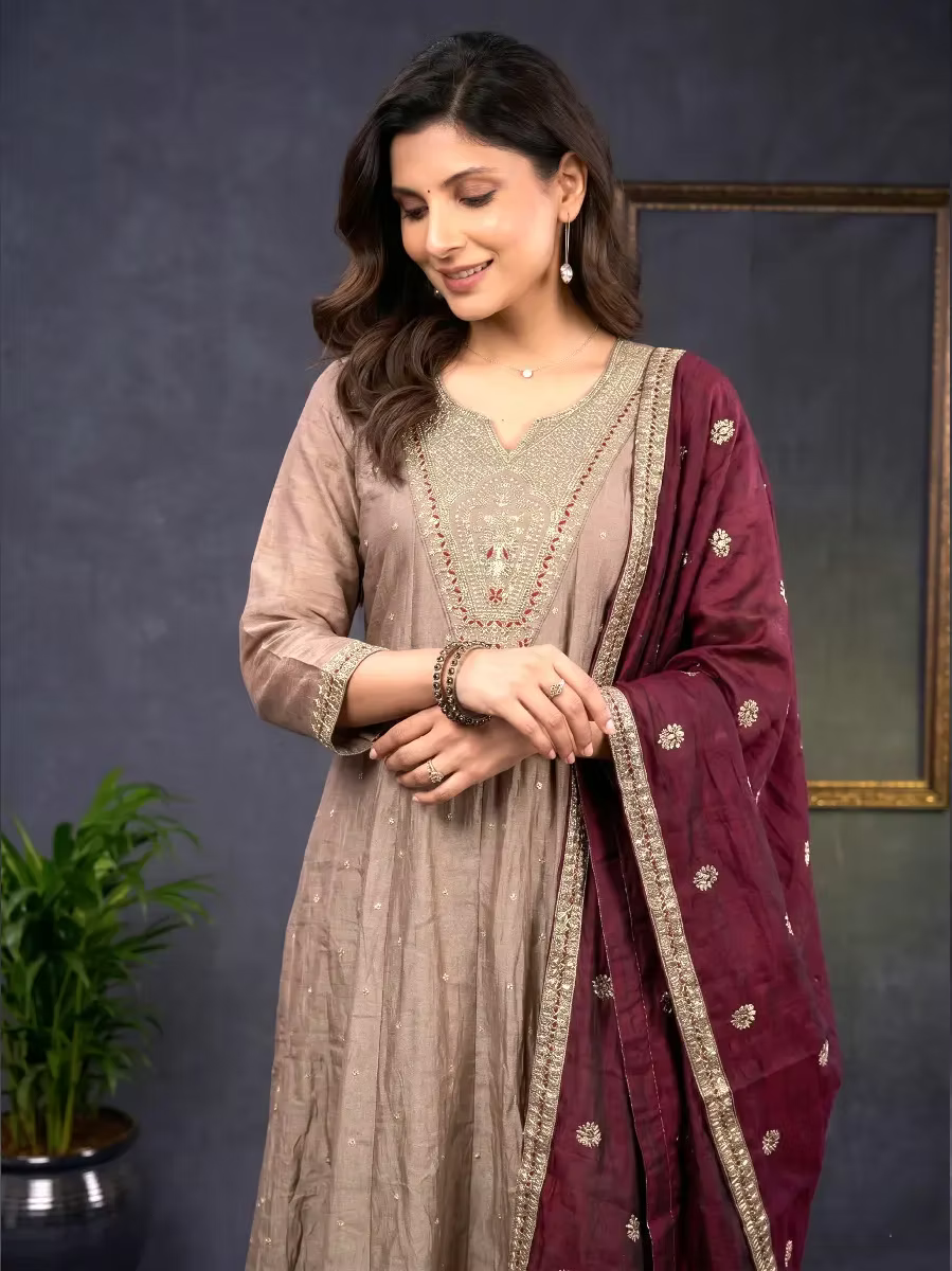 Taupe Silk Blend Anarkali Suit with Wine Embroidered Dupatta & Pants