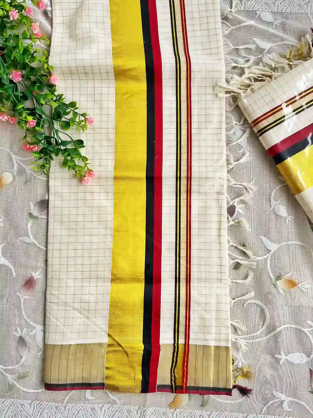 Premium Block Maroon & Black Handloom Kasavu Cotton Saree with Running Blouse