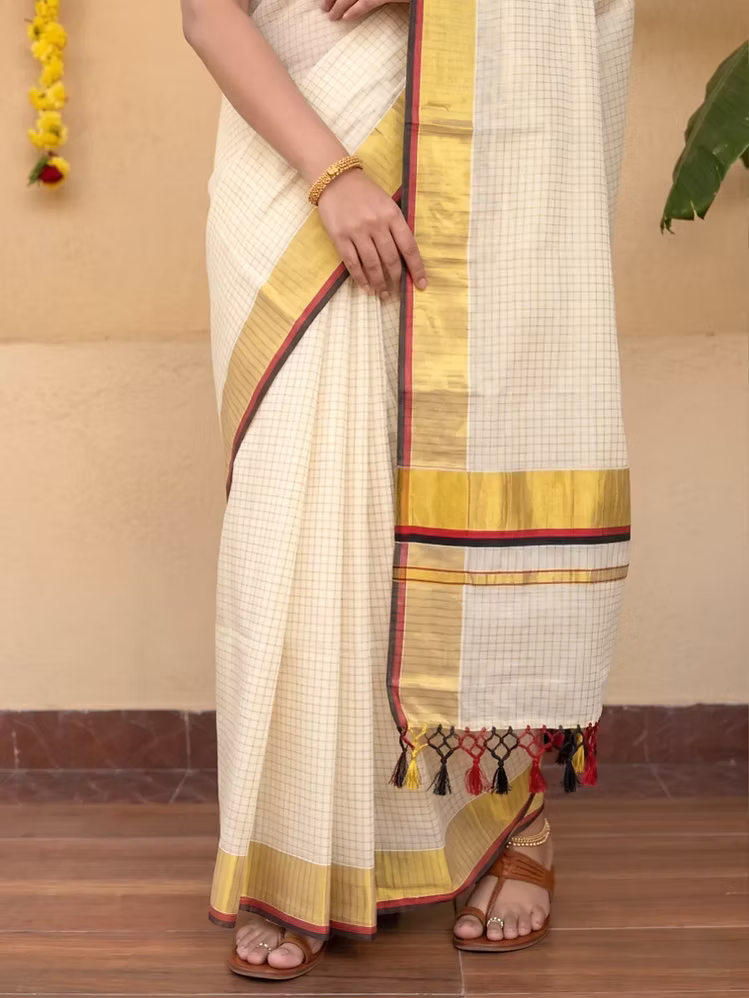 Micro Checks Cotton Kasavu Saree with Maroon & Black Border