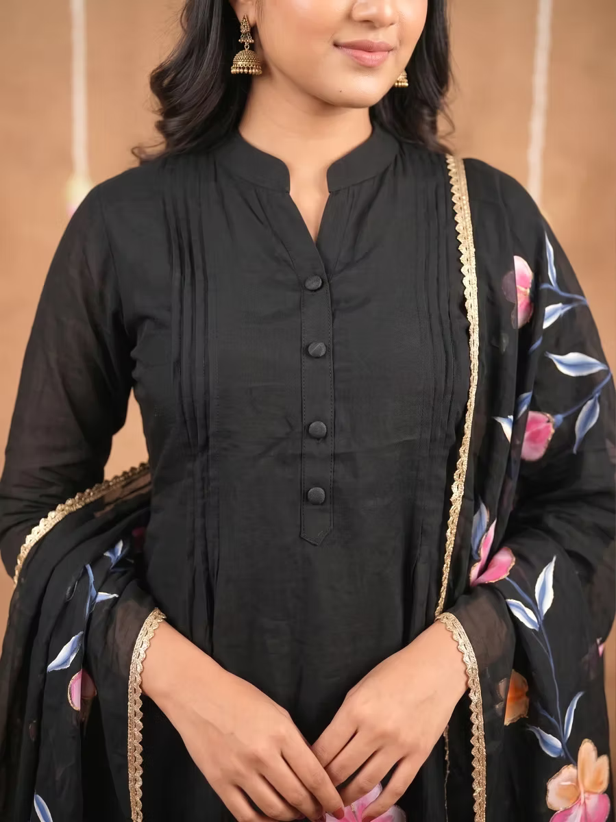 Black Flora Silk Kurta Set with Mandarin Collar and Pintuck Bodice