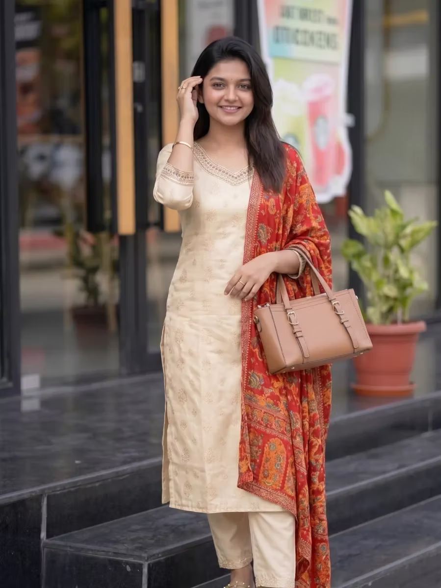 Golden Embroidery Kurti Set with Multi-Color Dupatta