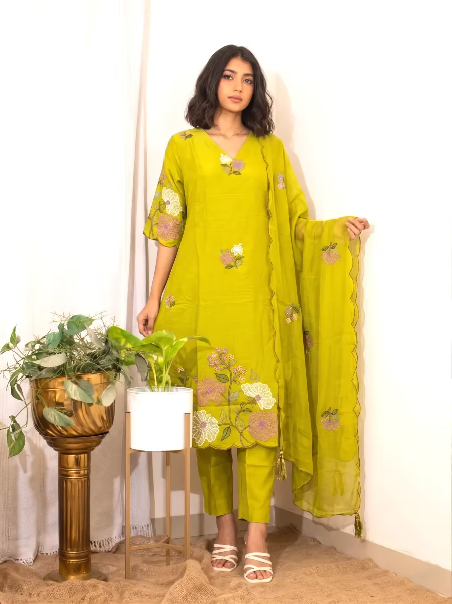 Lime Green Chandheri Silk Kurta Set with Floral Embroidery & Scalloped Dupatta
