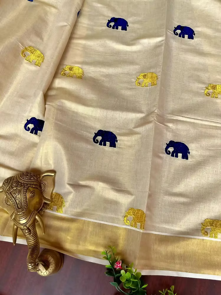 Denim Blue & Golden Gajah Embroidery Kasavu Tissue Saree