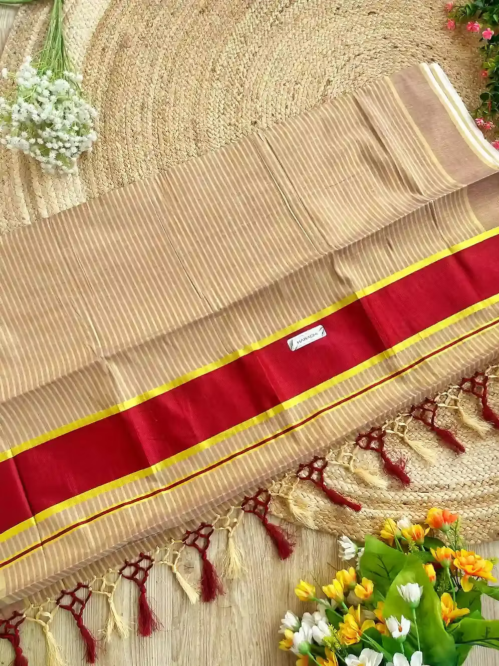 Maroon Zari Stripe Tassel Tissue Kerala Saree with Blouse