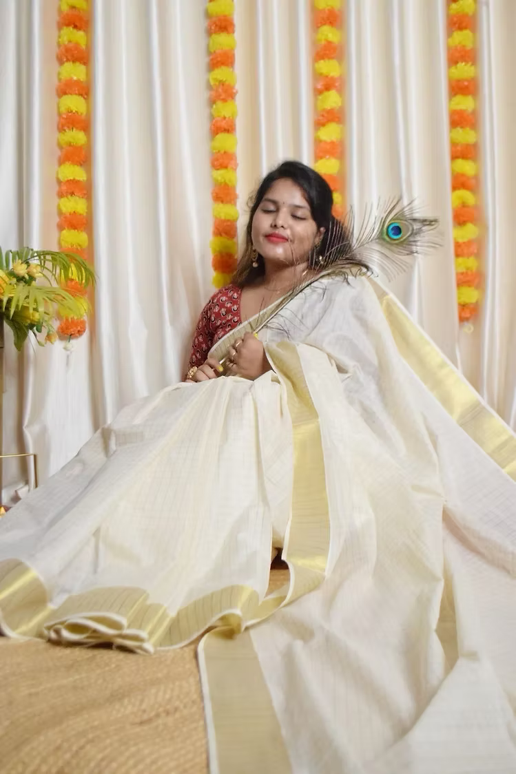 Tiny Golden Block Kasavu Cotton Saree with Running Blouse