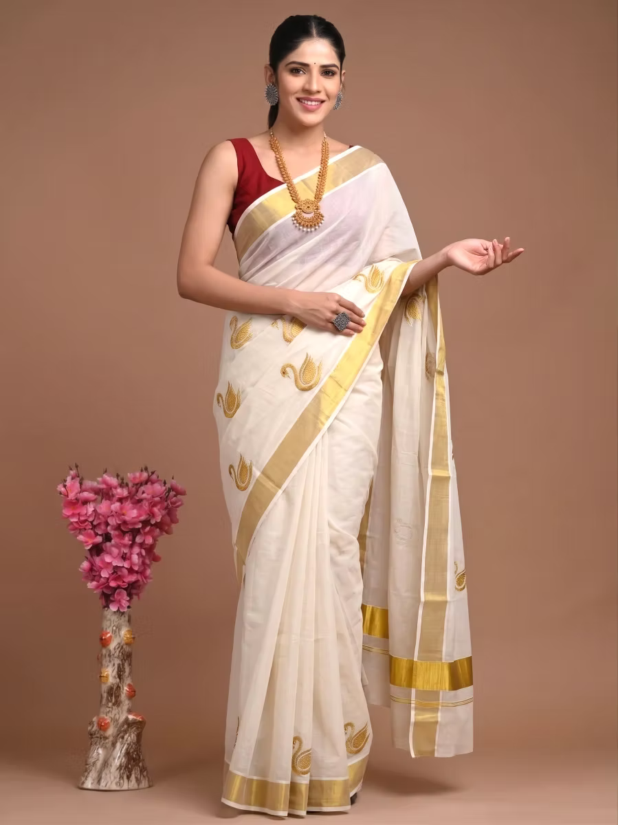 Golden Swan Embroidery Kasavu Cotton Saree with Running Blouse