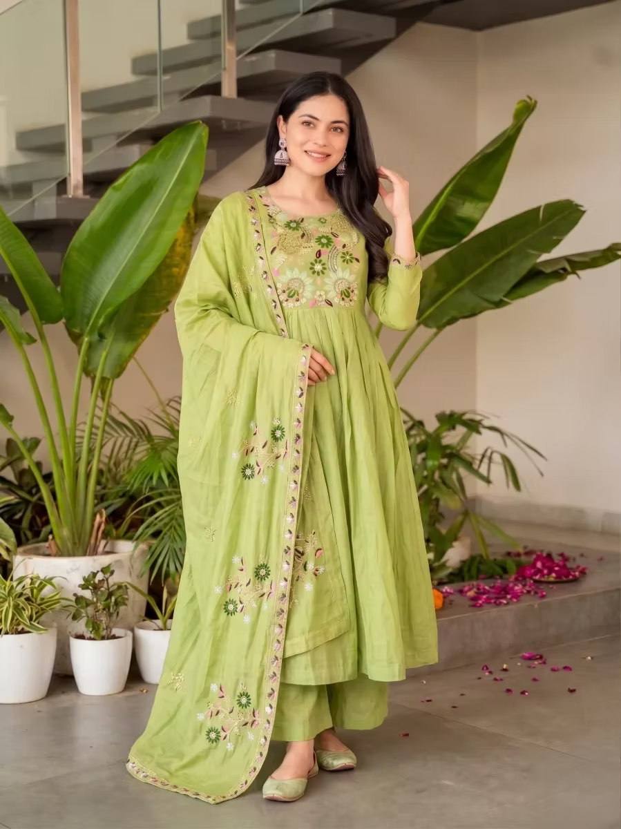 Pistachio Green Floral Embroidered Thread Work Anarkali Kurta Set with Dupatta