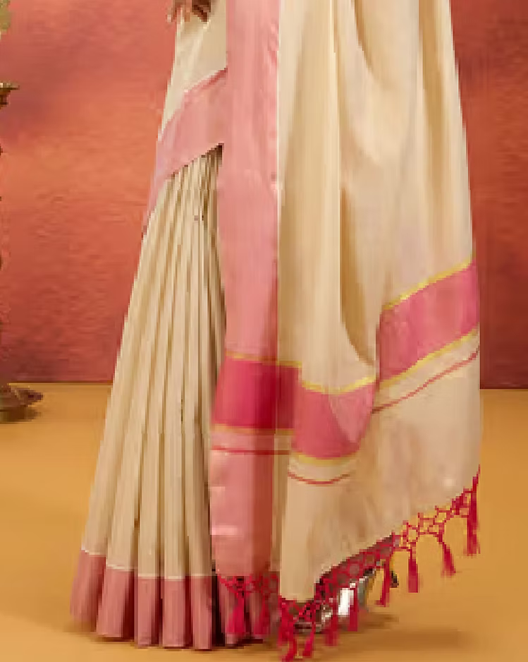 Pink Kasavu Tassel Tissue Saree