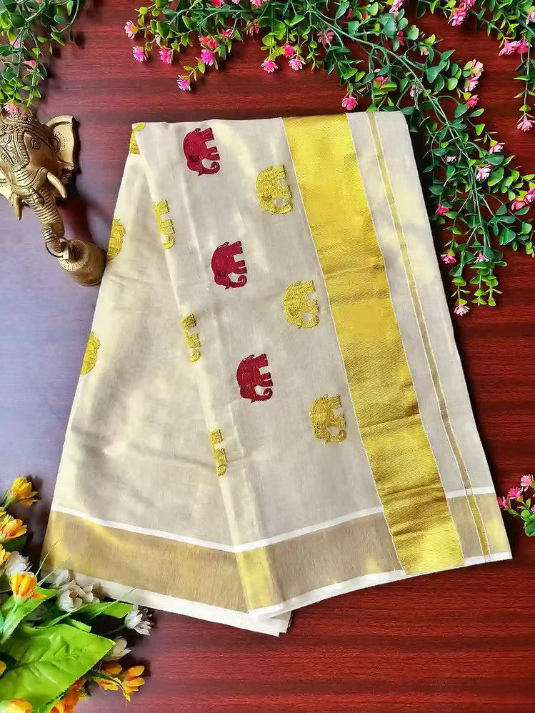Maroon & Golden Gajah Embroidery Kasavu Tissue Saree with Running Blouse