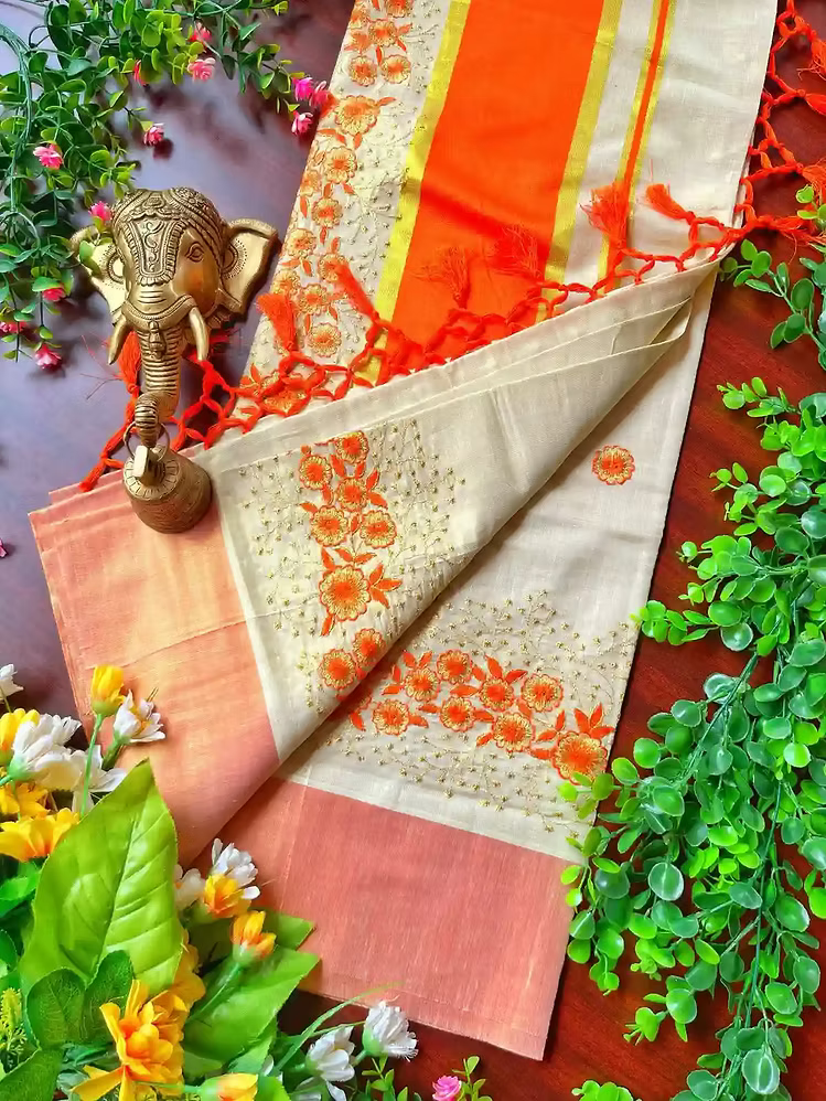 Blume Embroidery Kasavu Tassel Tissue Saree