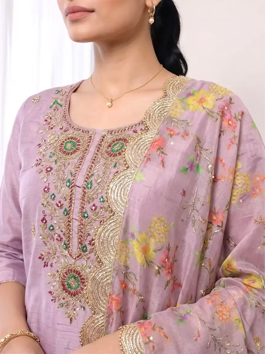 Lavender Kurta Set with Floral Organza Scalloped Dupatta & Trousers