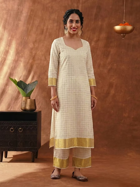 Block Designer Cotton Kasavu Kurti Set