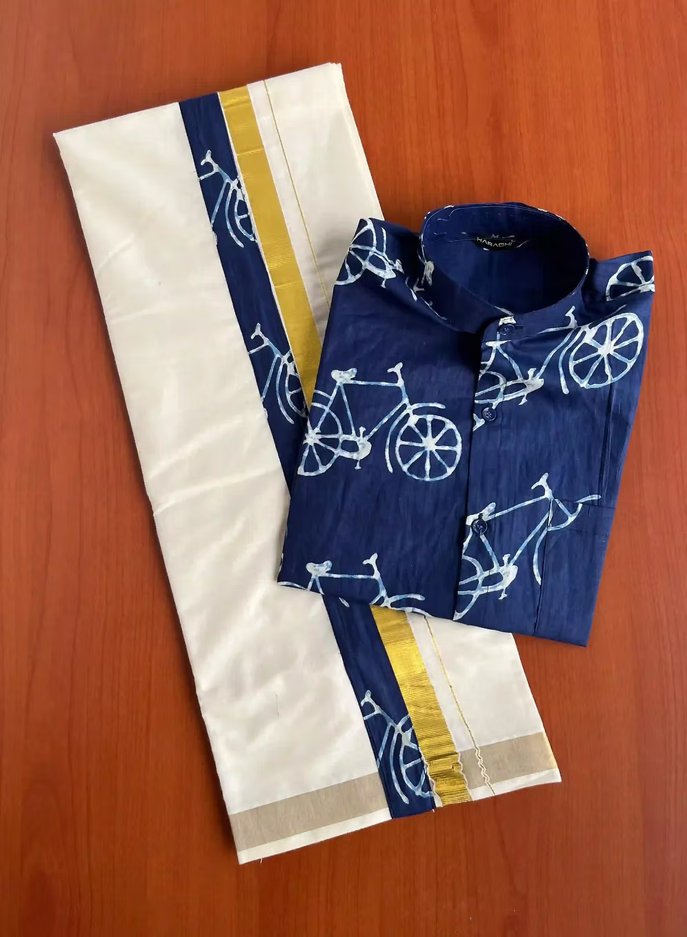 Blue Cycle Light Cotton Shirt & Kasavu Dhoti Combo