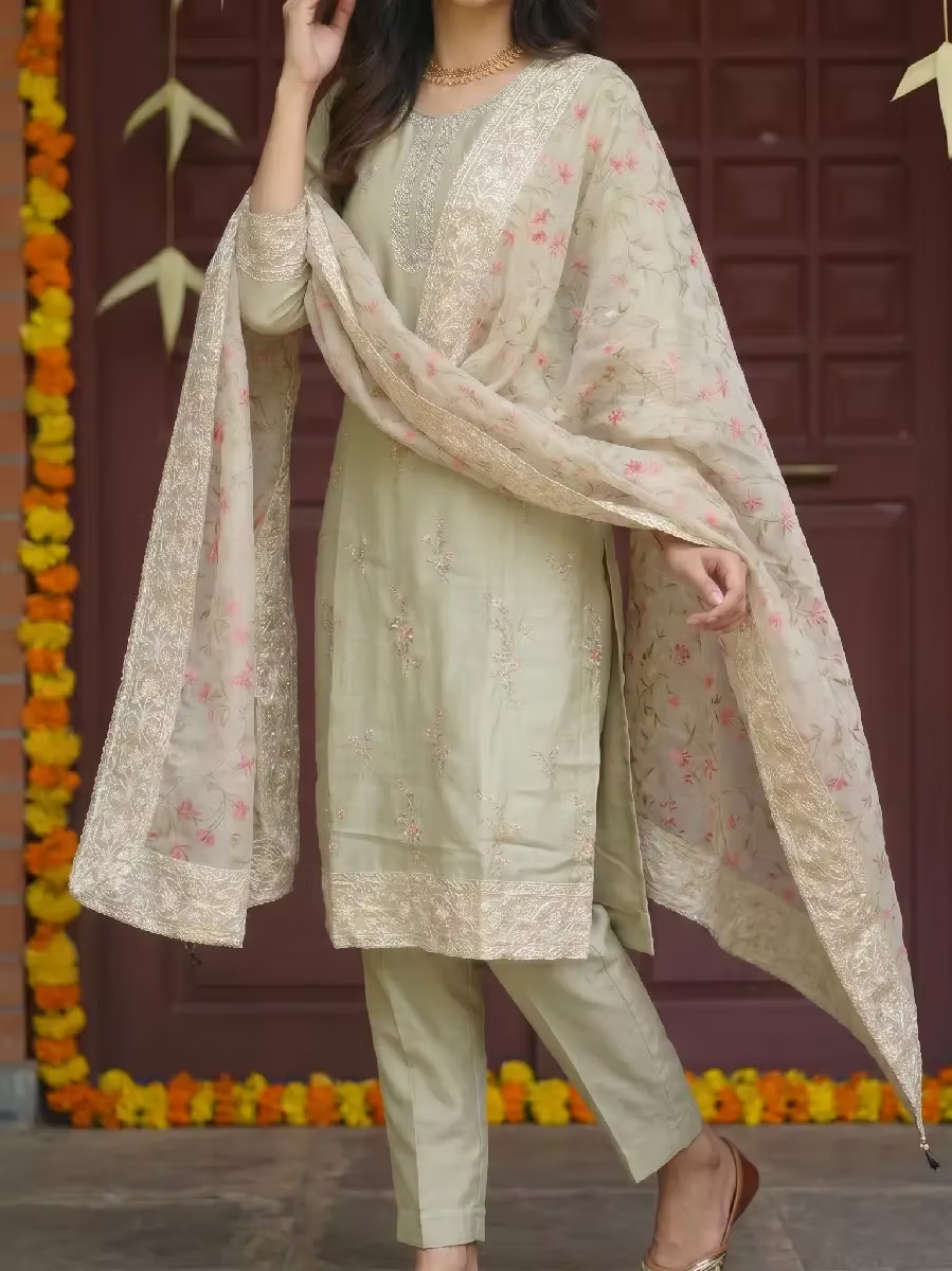 Sage Green Chanderi Silk Kurta Set with Floral Embroidery & Organza Dupatta