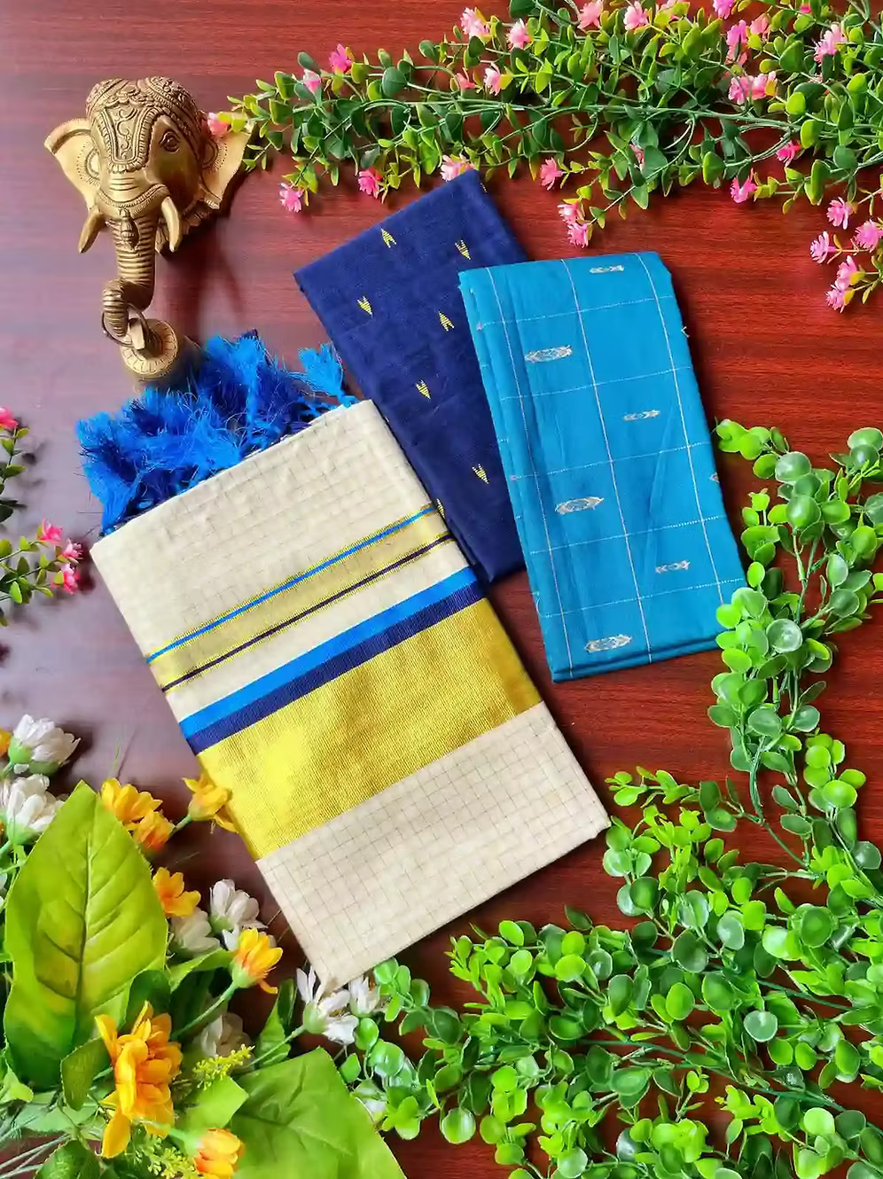 Dual Blue Chhota Block Tussel Tissue Kasavu Saree with Blouse
