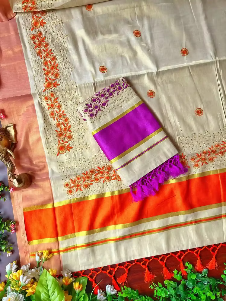 Blume Embroidery Kasavu Tassel Tissue Saree
