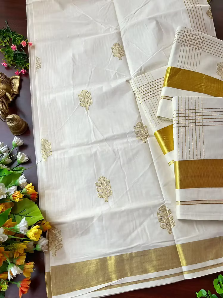Golden Embroidery Kasavu Cotton Saree with Running Blouse