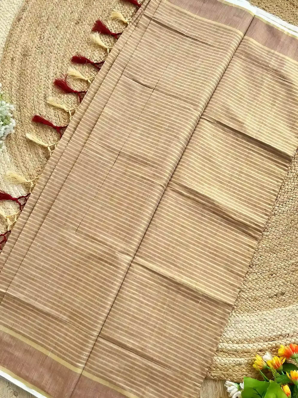 Maroon Zari Stripe Tassel Tissue Kerala Saree with Blouse