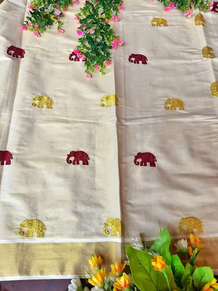 Maroon & Golden Gajah Embroidery Kasavu Tissue Saree with Running Blouse