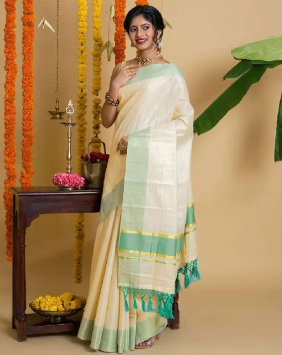 Turquoise Tassel Tissue Kerala Kasavu Saree