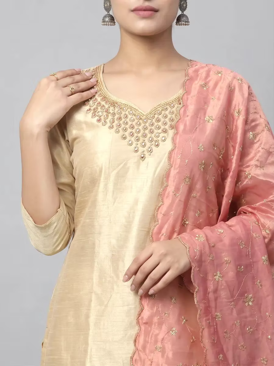 Golden tissue Kurta Set with Magenta Trousers & Peach Dupatta