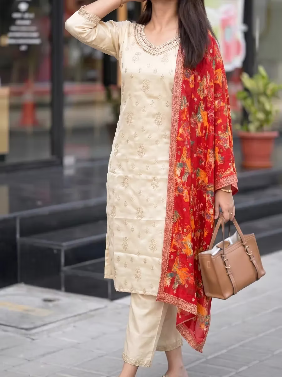 Golden Embroidery Kurti Set with Multi-Color Dupatta