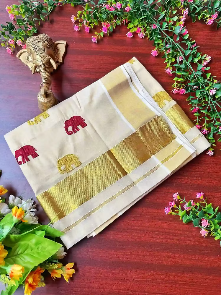Maroon & Golden Gajah Embroidery Kasavu Tissue Saree with Running Blouse