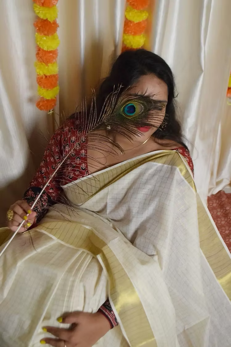 Tiny Golden Block Kasavu Cotton Saree with Running Blouse