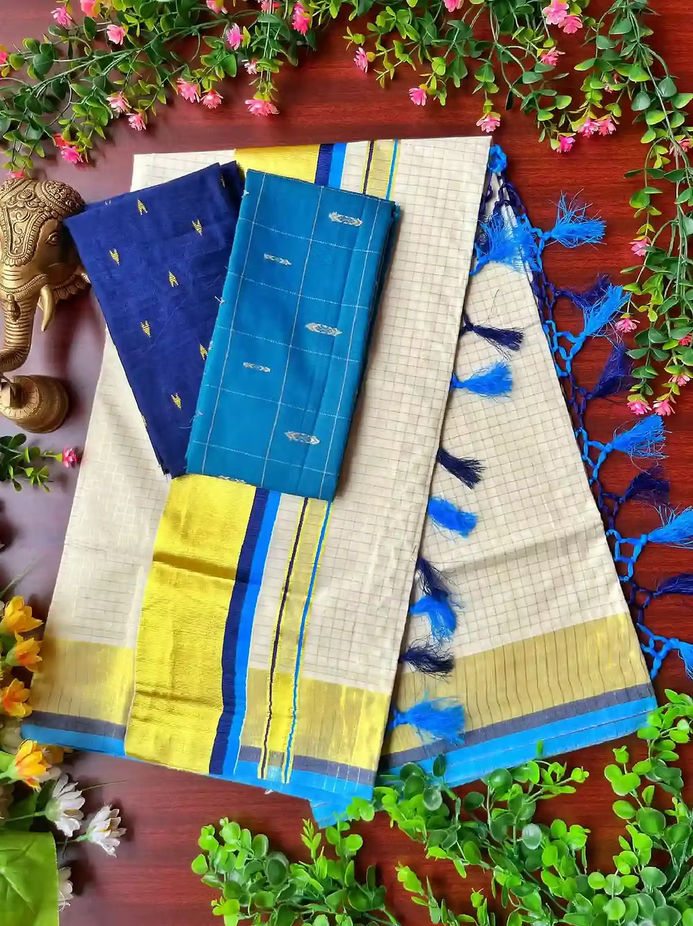 Dual Blue Chhota Block Tussel Tissue Kasavu Saree with Blouse