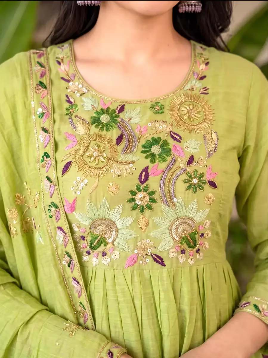 Pistachio Green Floral Embroidered Thread Work Anarkali Kurta Set with Dupatta