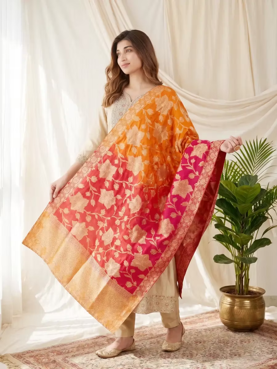 Beige Zari Embroidery Banarasi Kasavu Anarkali