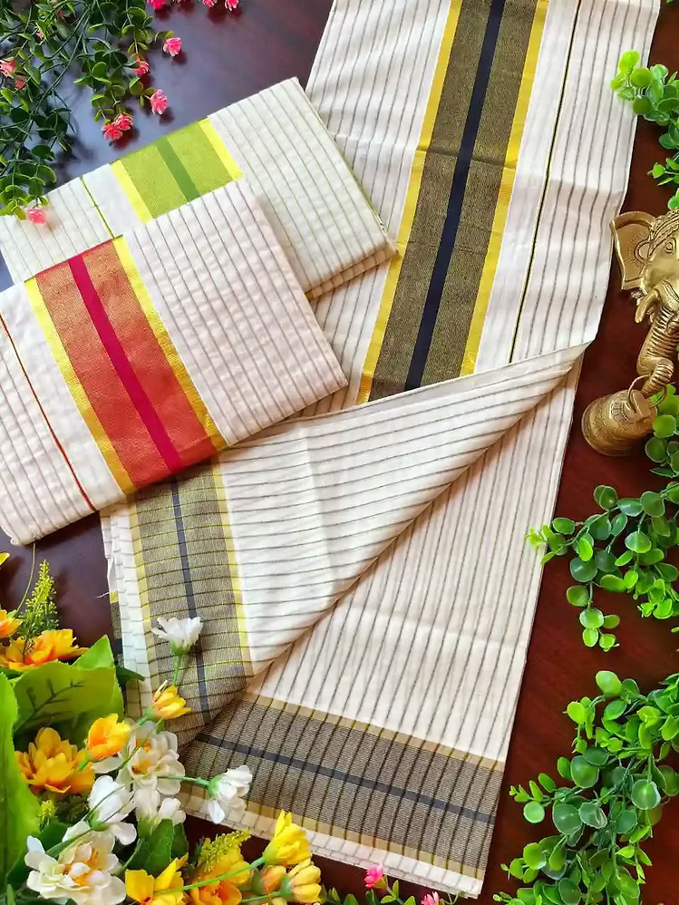 Stripe Kasavu Cotton Set Saree with Running Blouse