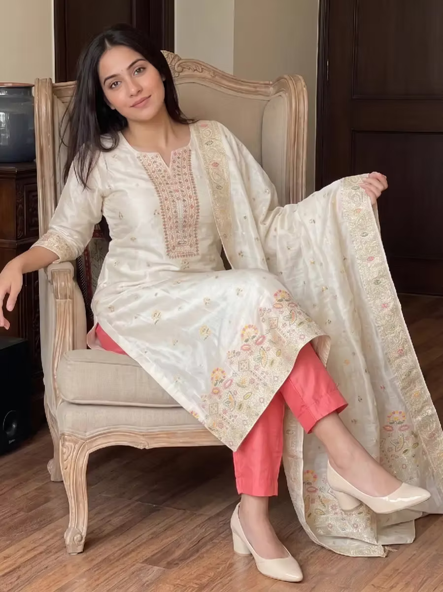 Multicolor Embroidered Tissue Women Kurta Set