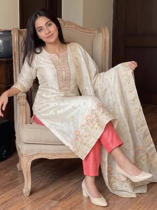 Multicolor Embroidered Tissue Women Kurta Set