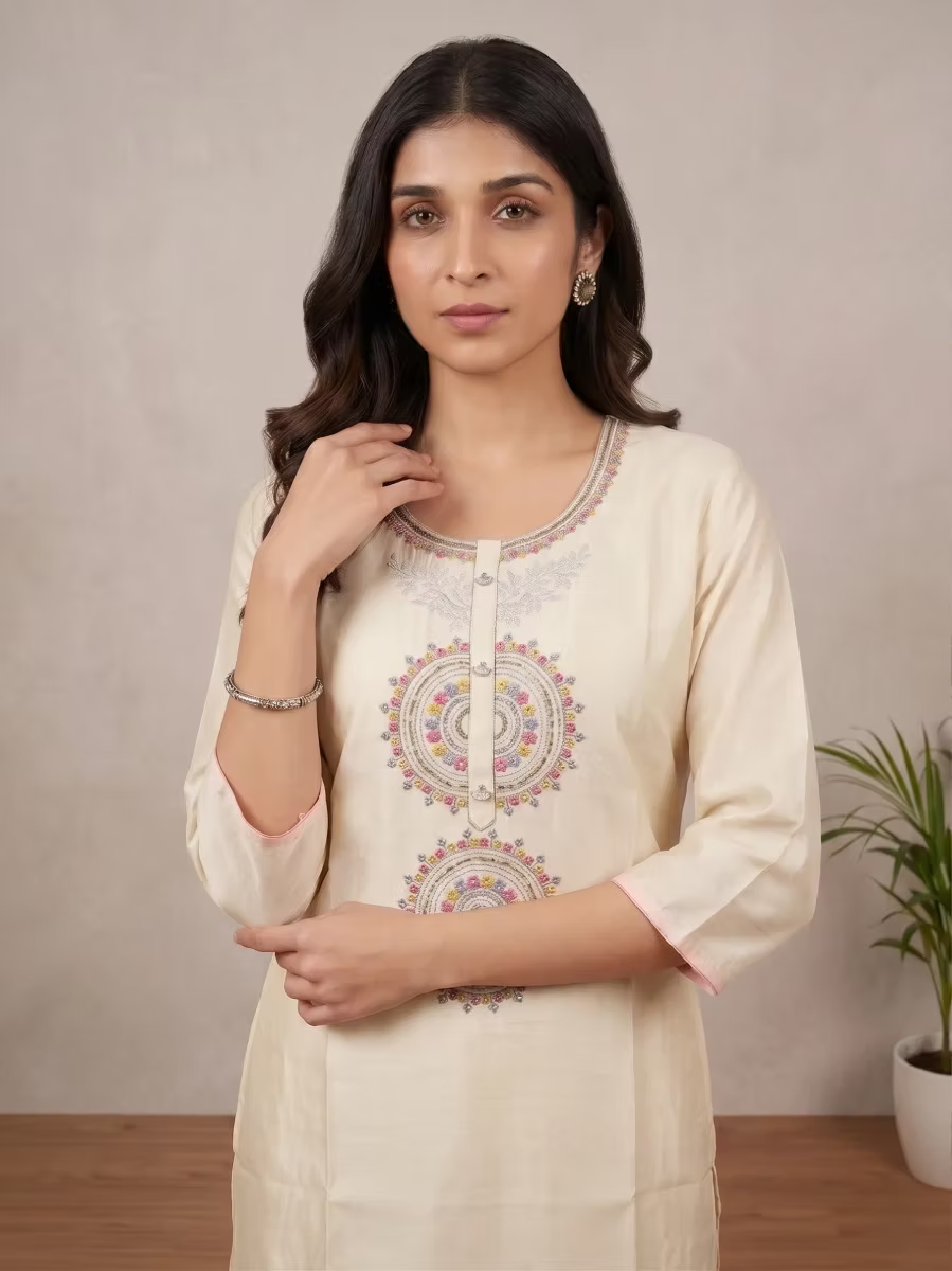Multi-Color Embroidery White Cotton Kurti