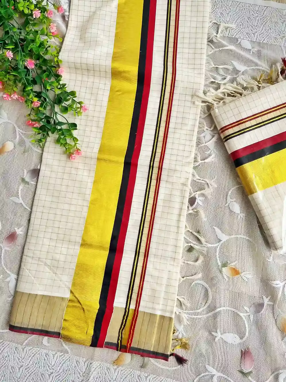 Premium Block Maroon & Black Handloom Kasavu Cotton Saree with Running Blouse