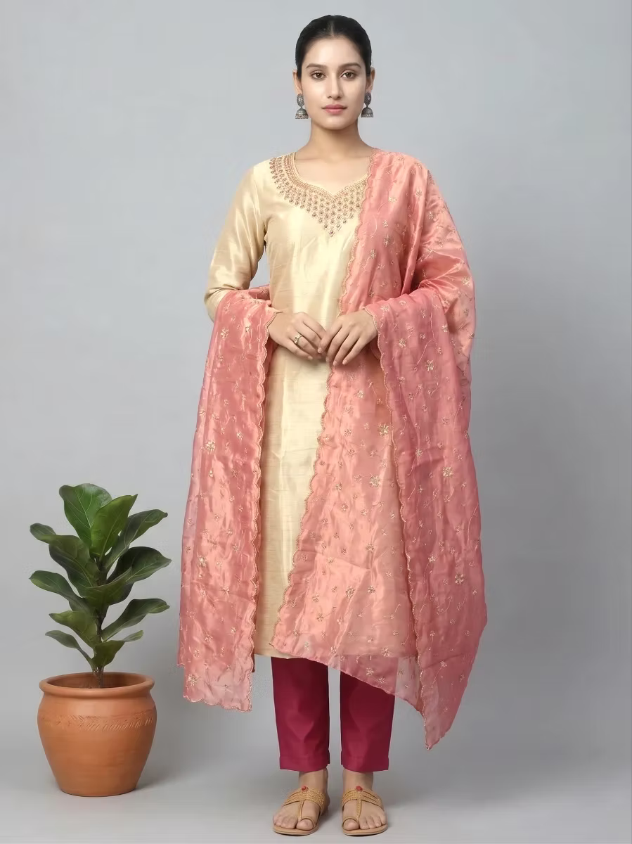 Golden tissue Kurta Set with Magenta Trousers & Peach Dupatta
