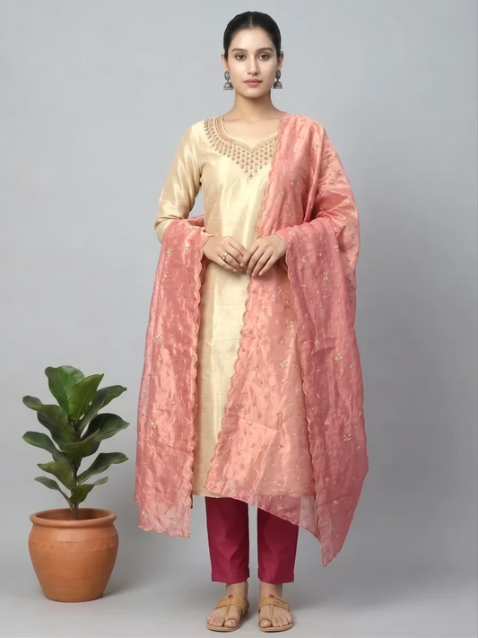 Golden tissue Kurta Set with Magenta Trousers & Peach Dupatta