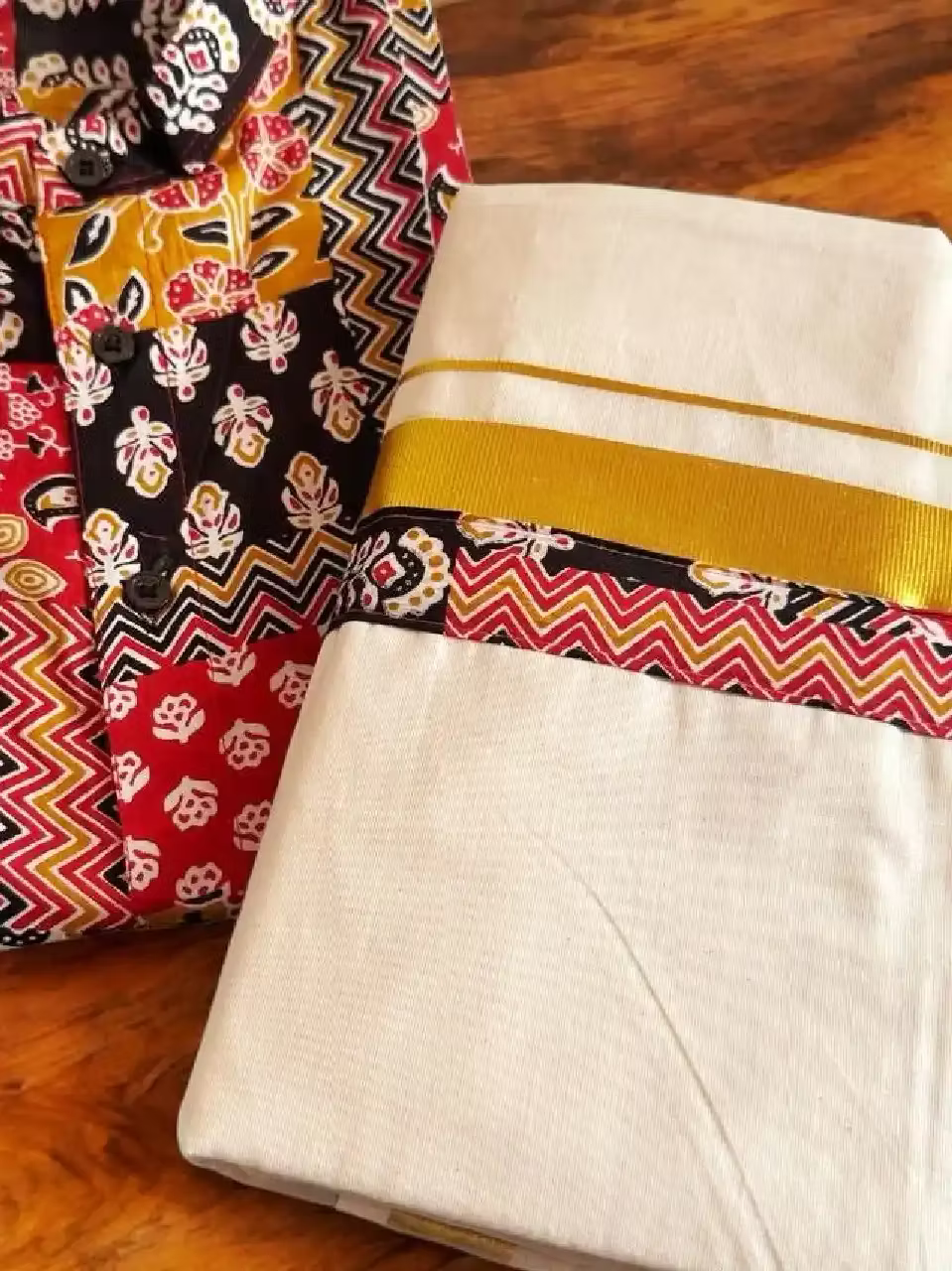 Multi-Color Men's Shirt and Kasavu Mundu Combo Set