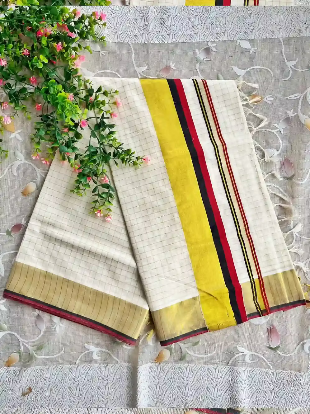 Premium Block Maroon & Black Handloom Kasavu Cotton Saree with Running Blouse