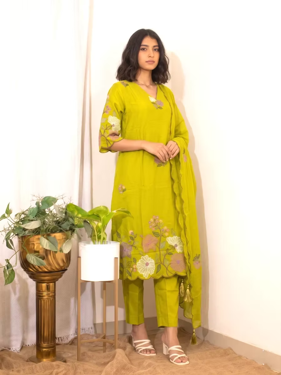 Lime Green Chandheri Silk Kurta Set with Floral Embroidery & Scalloped Dupatta